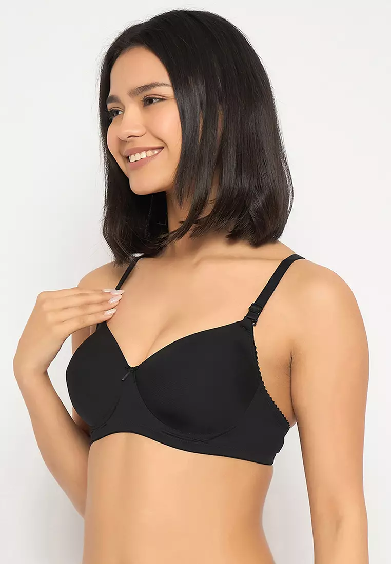 Clovia Padded Non-Wired Full Coverage Self-Striped Multiway T-shirt Bra in Black