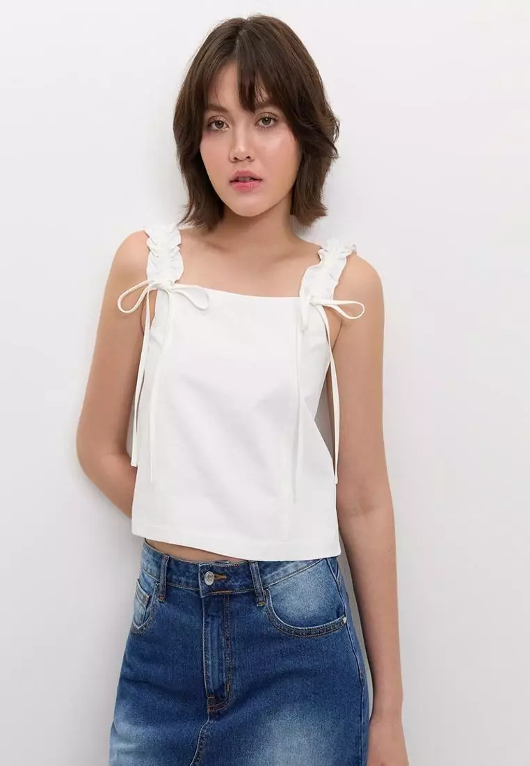 Ruffled Shoulder Bow Tie Top