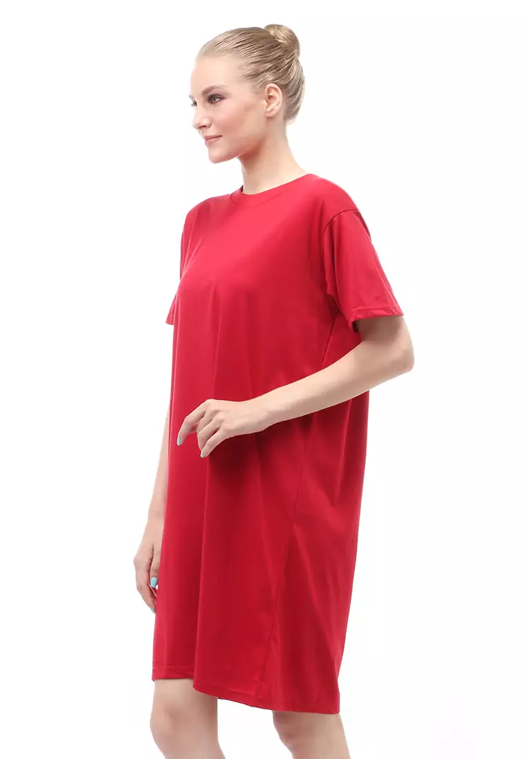 Finch Midi Dress Wanita Short Sleeves Motif Polos - Maroon