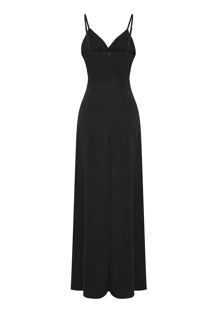 Black A-Line Sparkly Glitter Knitted Long Elegant Evening Night Graduation Dress TPRSS25AE00175