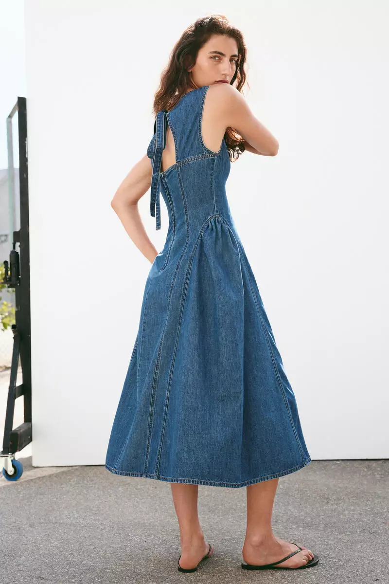Flared-skirt twill dress