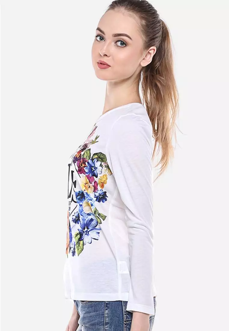 LGS Kaos Wanita Lengan Panjang Slim Fit Putih Sablon Gambar Bunga