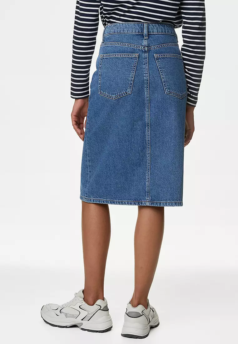 Denim Split Front Knee Length Skirt