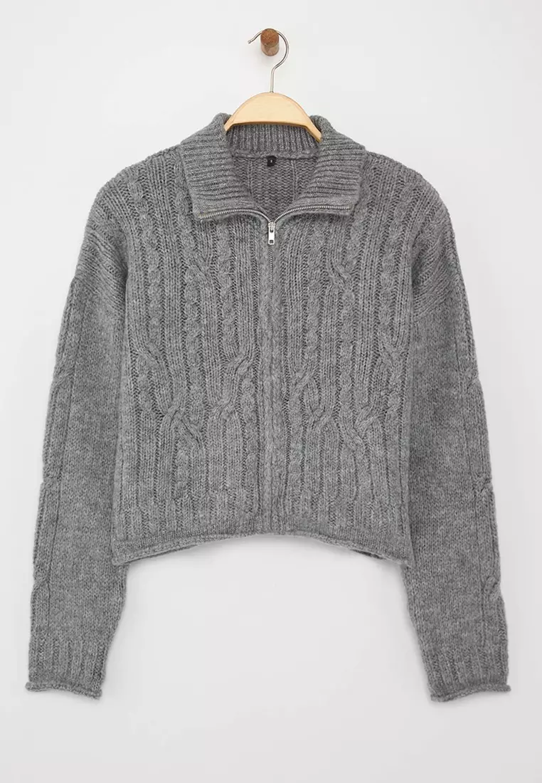 Anthracite Crop Soft Textured Zippered Hair Braided Knitwear Cardigan