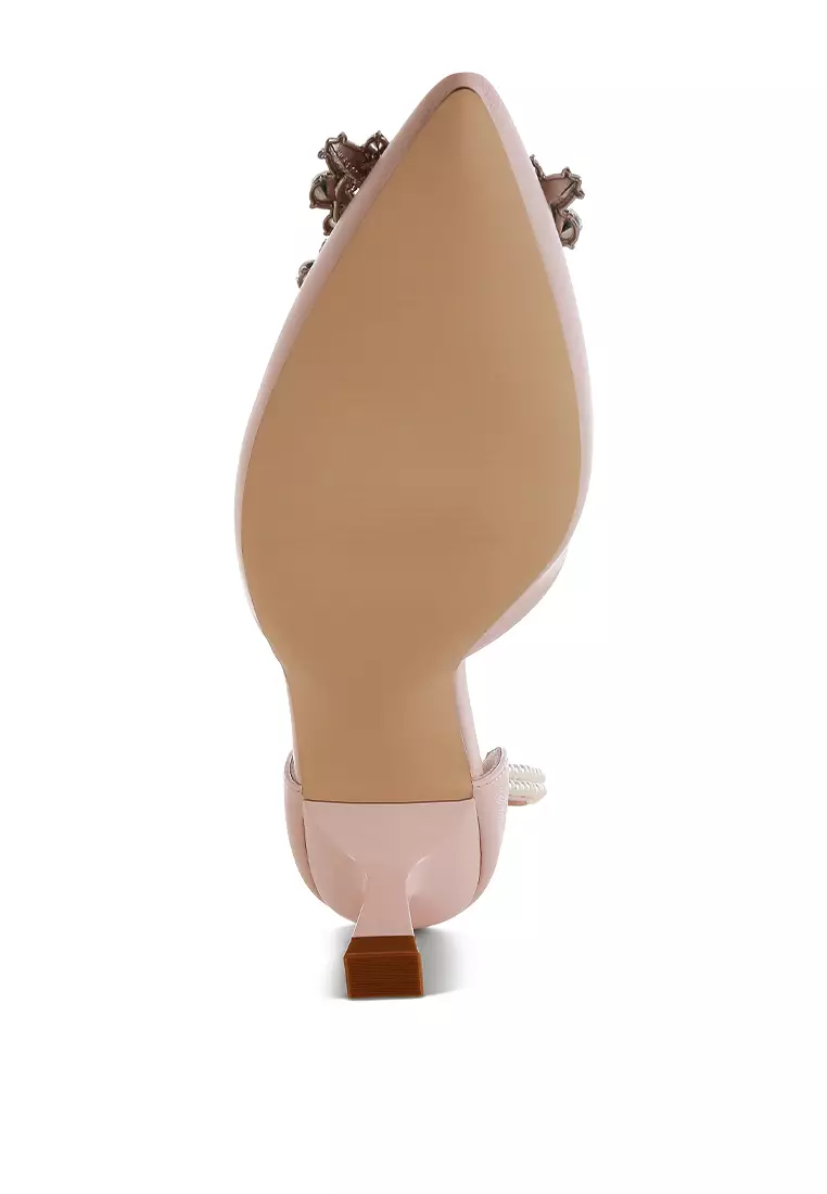 Sandal hak anak kucing bros berlian imitasi berwarna merah muda