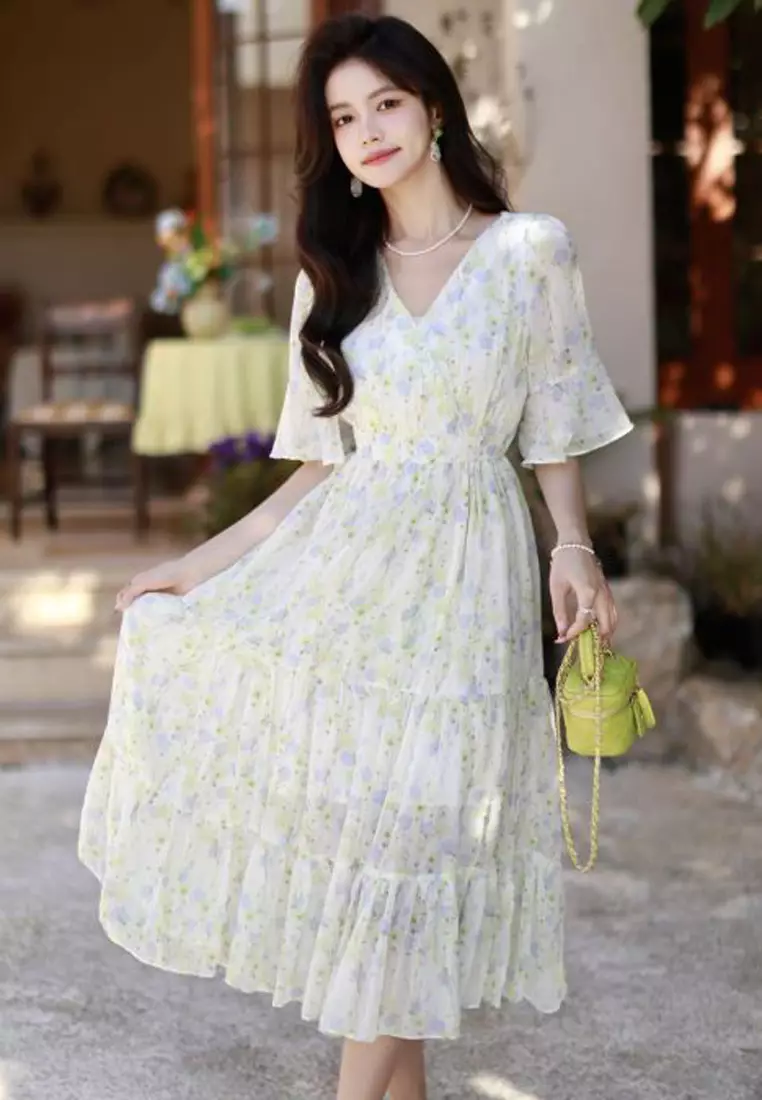 V Neck Floral Printed Dress
