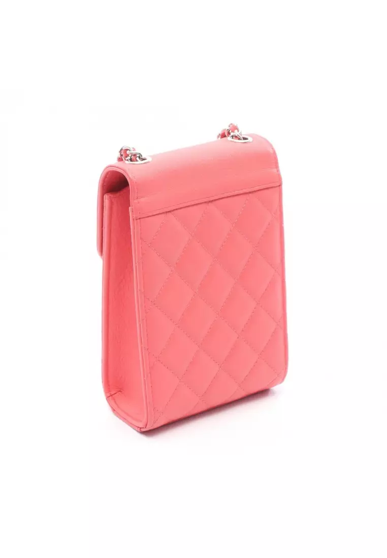Pre-Loved Chanel Half Coco Mark matelasse phone case chain shoulder bag Caviar skin Pink red silver hardware