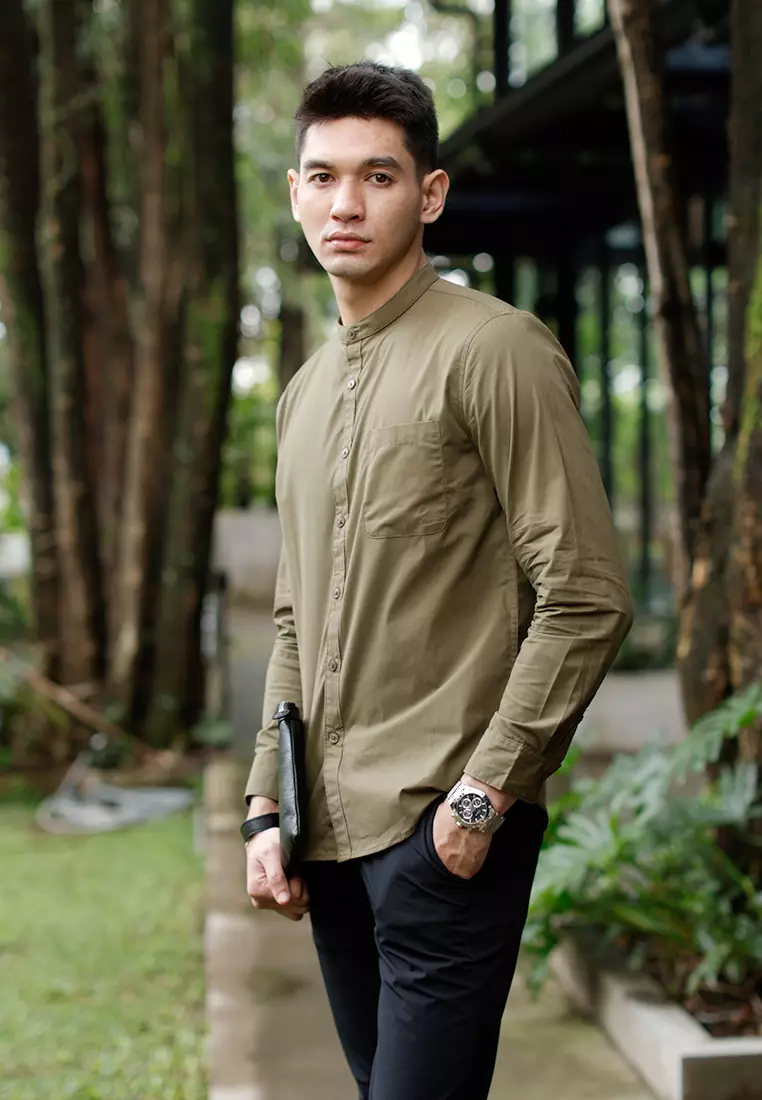 Oxcon Collarless Long Sleeve Business Shirt soft cotton Olive