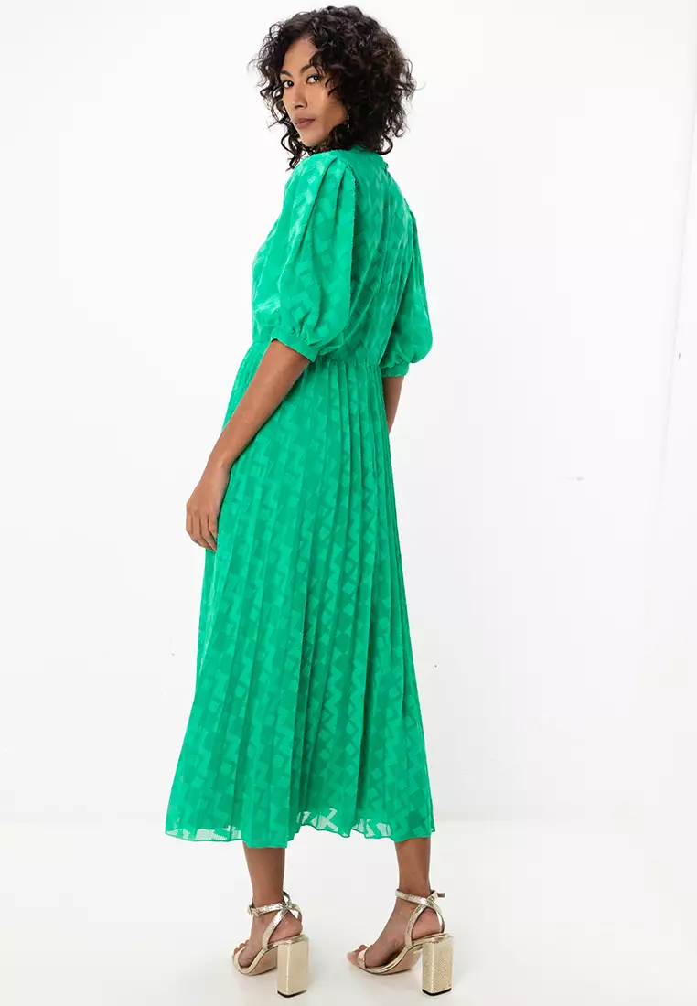 High Neck Pleated Midi Dress with Puff Sleeve
