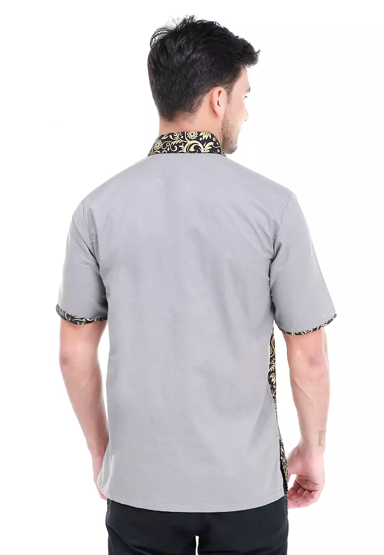 Dwan Kemeja Batik Pria Right Side Atasan Formal Shortsleeve Shirt Material Cotton ORIGINAL - Grey