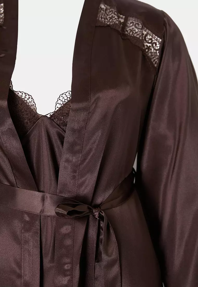 Brown Satin Woven 2-Piece Set Dowry Set Plus Size Nightgown Tbbss26Ch00003