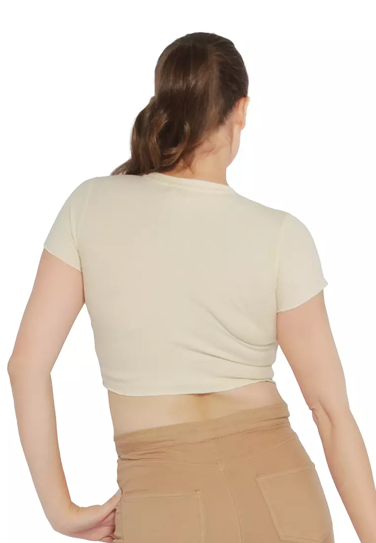 Beige Crew Neck Rib Knit Top