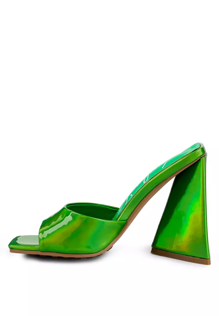 Green Metal Triangular Block Heel Sandals