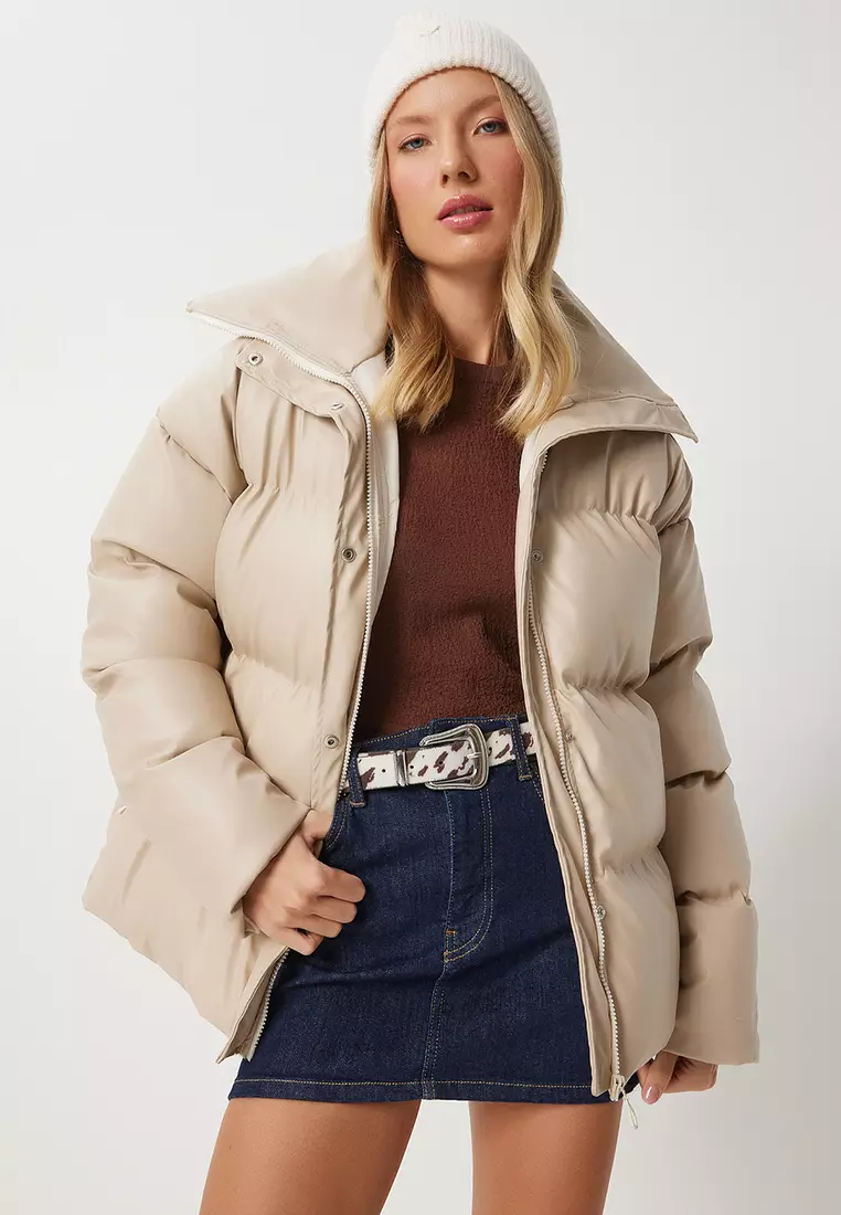 Stand Collar Faux Leather Puffer Coat