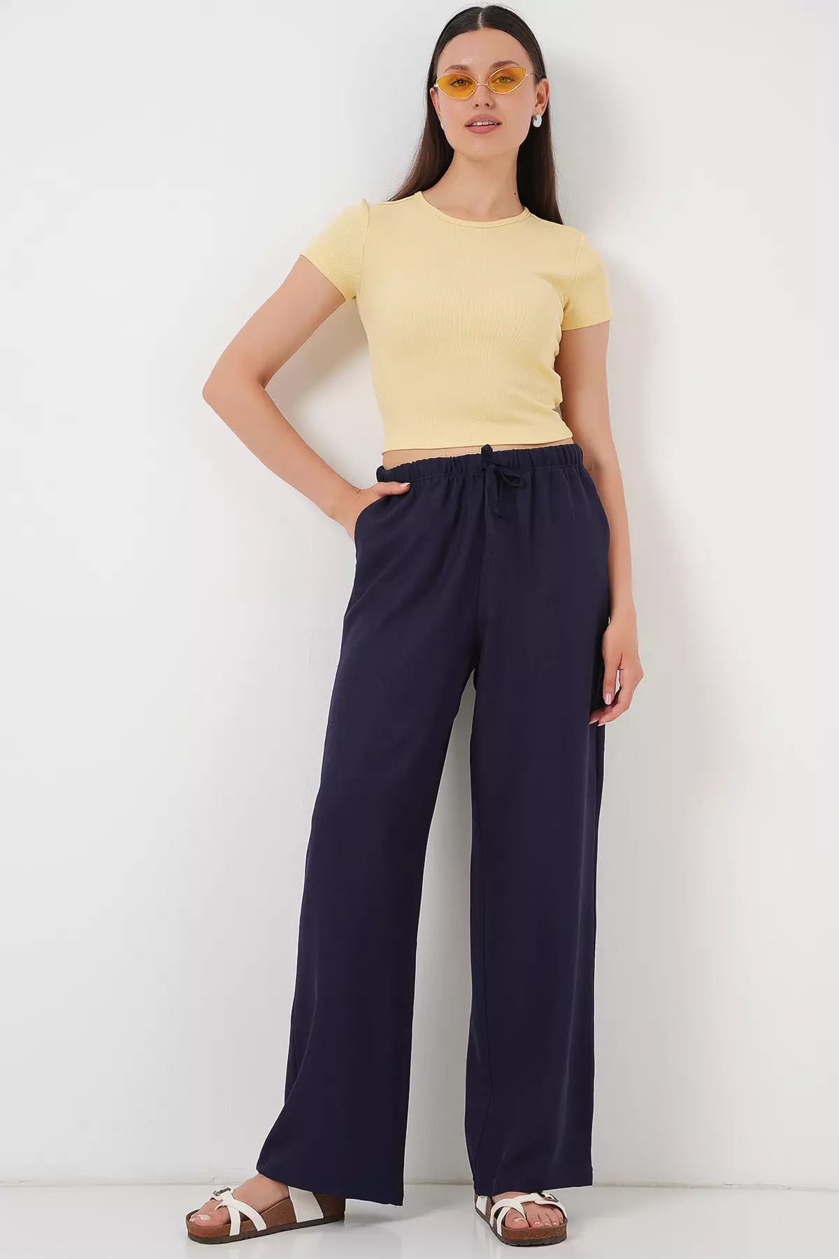 Wide Leg Linen-Look Trousers