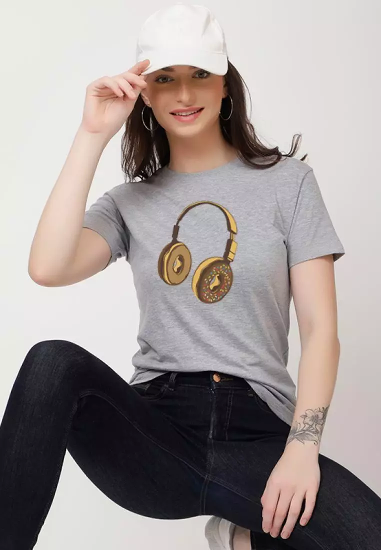 QuirkyT Headphone Donut Relaxed Short Sleeve Stylish Grey Cotton Casual Graphic Print Tee/TShirt