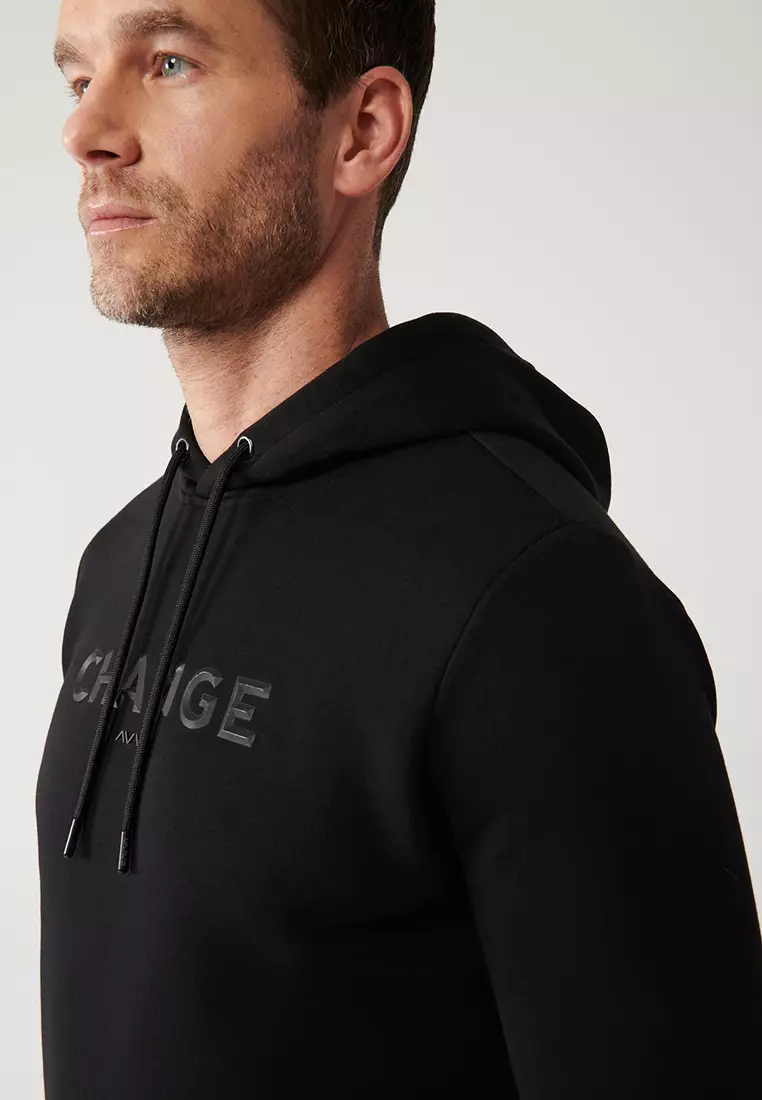 Men's Black Hooded 3 Thread Raised Printed Sweatshirt A32Y1240