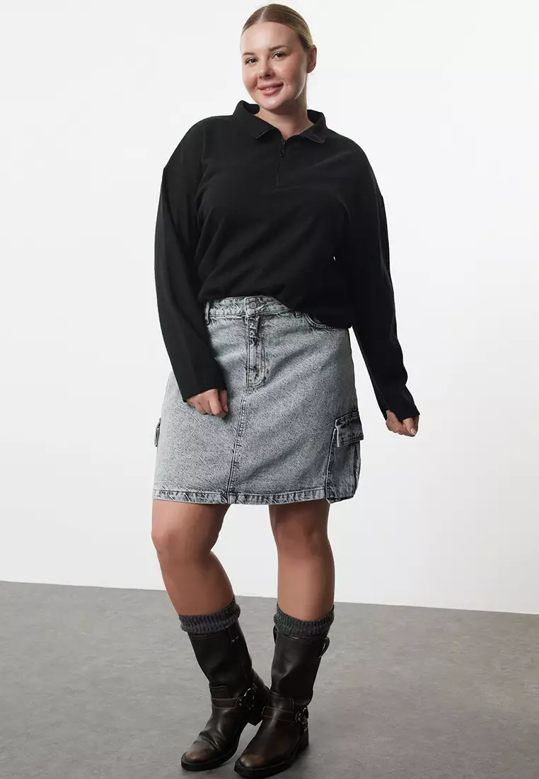 Black Stand Collar Zip Slim Knitted Sweatshirt
