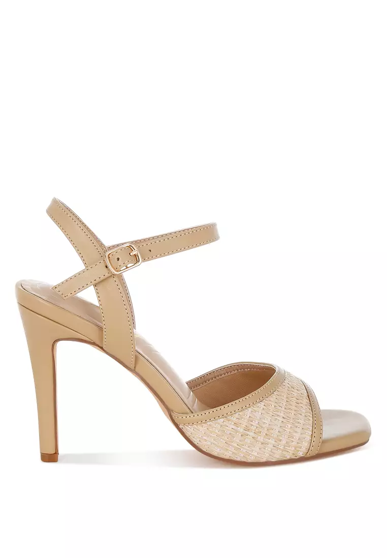 Raffia Square Toe Stiletto Heels In Beige