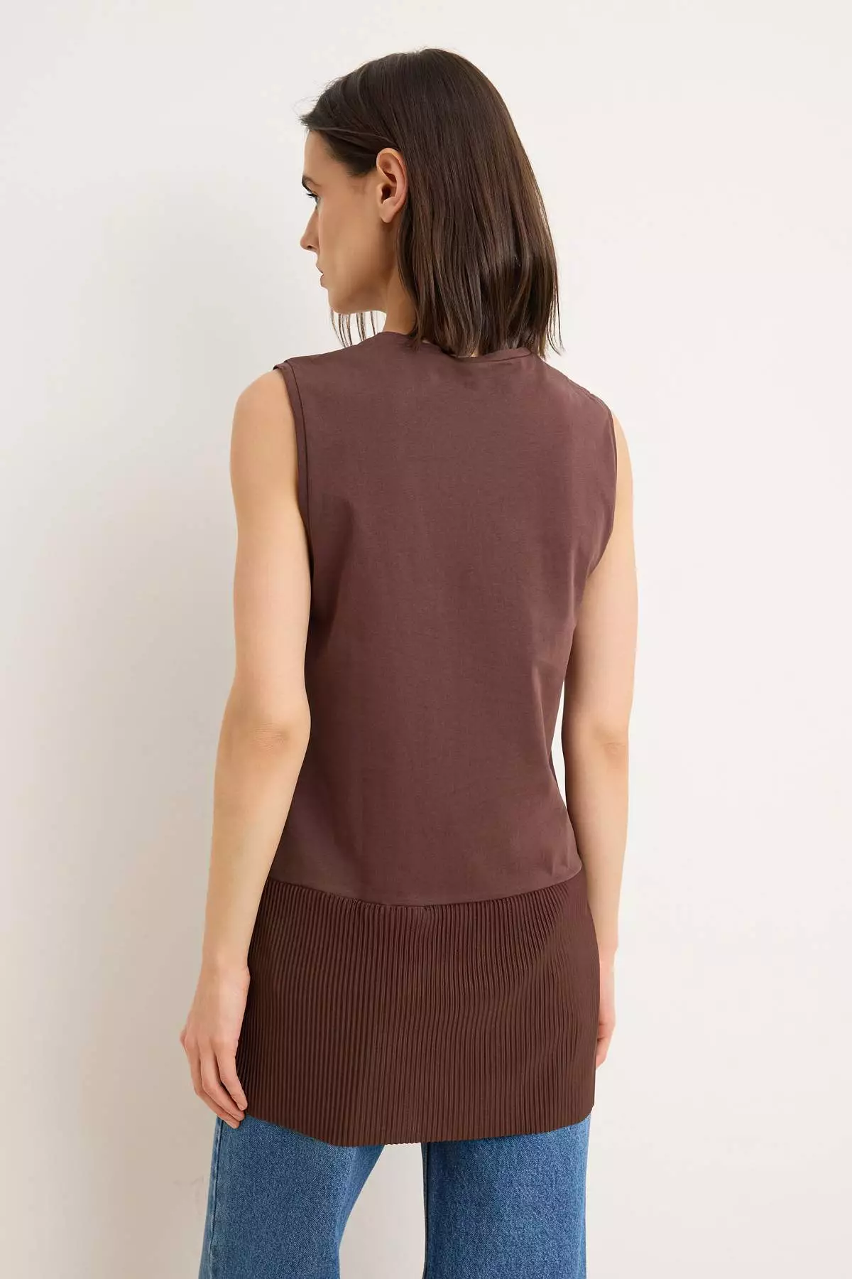 Brown Skirt Pleated Detailed Sleeveless Knitted Undershirt Blouse Tctss25Uk00005