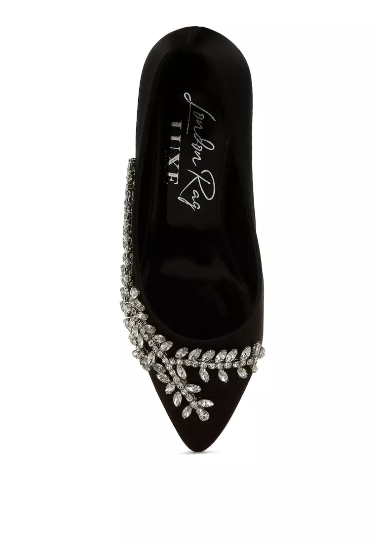 Satin Diamante Embellished Pumps in Black