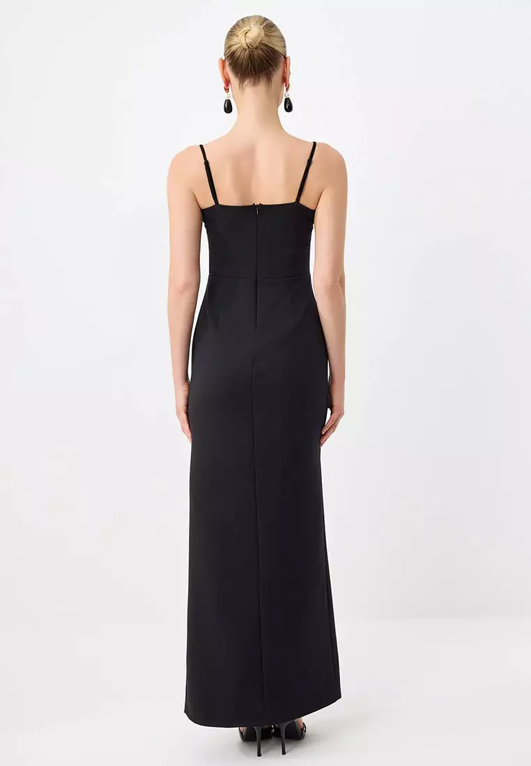 Black Plain Woven Finike Maxi Evening Dress & Homecoming Dress
