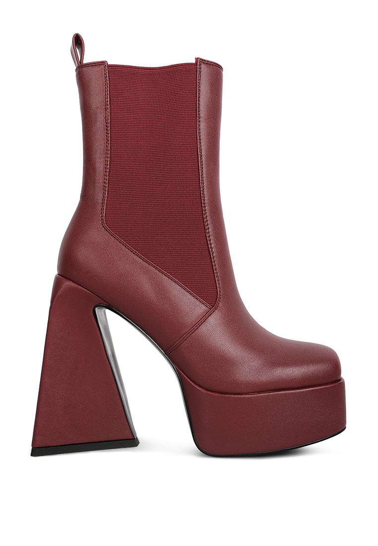 Burgundy High Platform Block Heeled Chelsea Boot