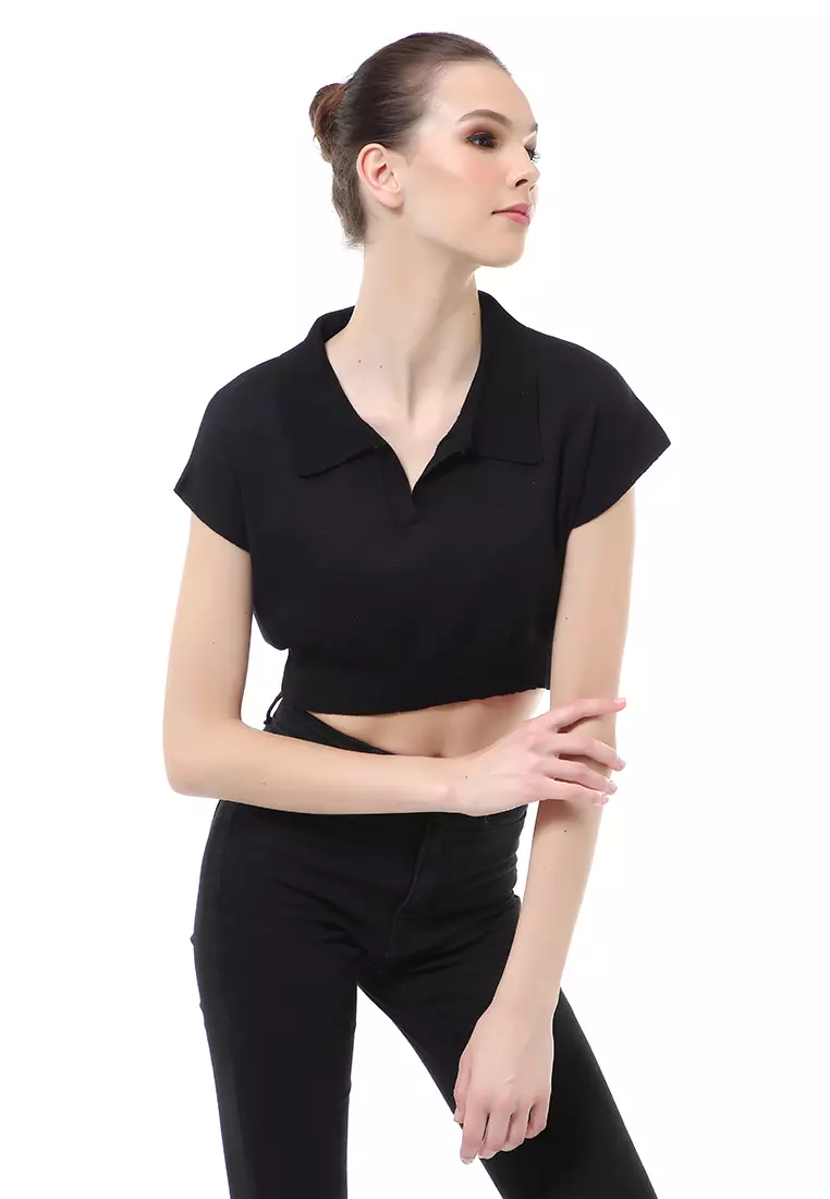 Albertine Atasan Crop Wanita Lengan Pendek Blouse Kerah Material Rajut ORIGINAL - Black
