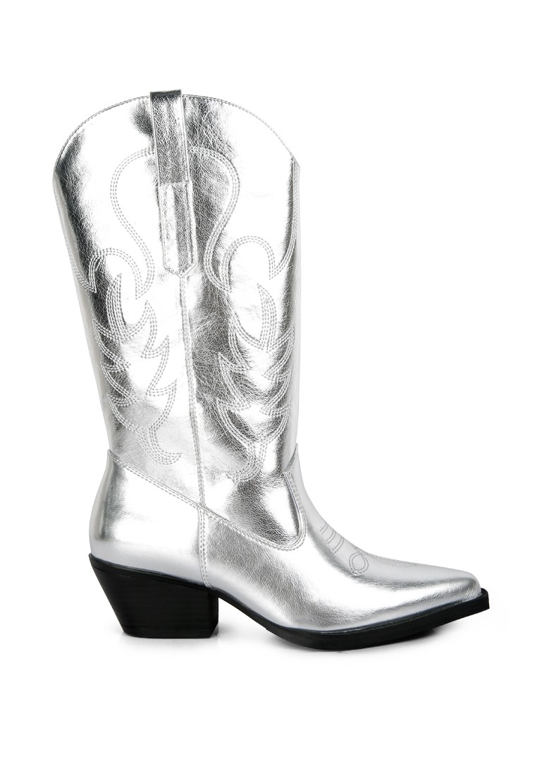 Silver Embroidered Block Heel Cowboy Boots
