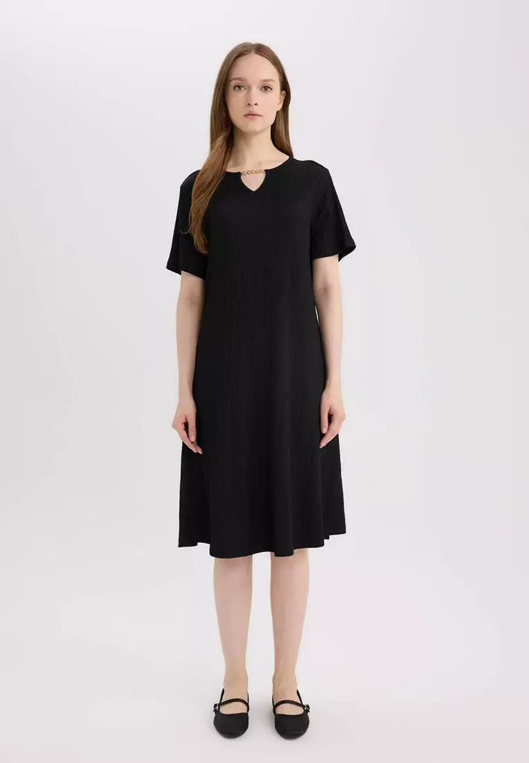 Regular Fit Basic Plain Wrap Short Sleeve Midi Summer Dress D3834Ax25Sm