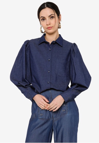 Zalia blue Gathered Sleeves Shirt Top 0D5D3AA58A0B33GS_1