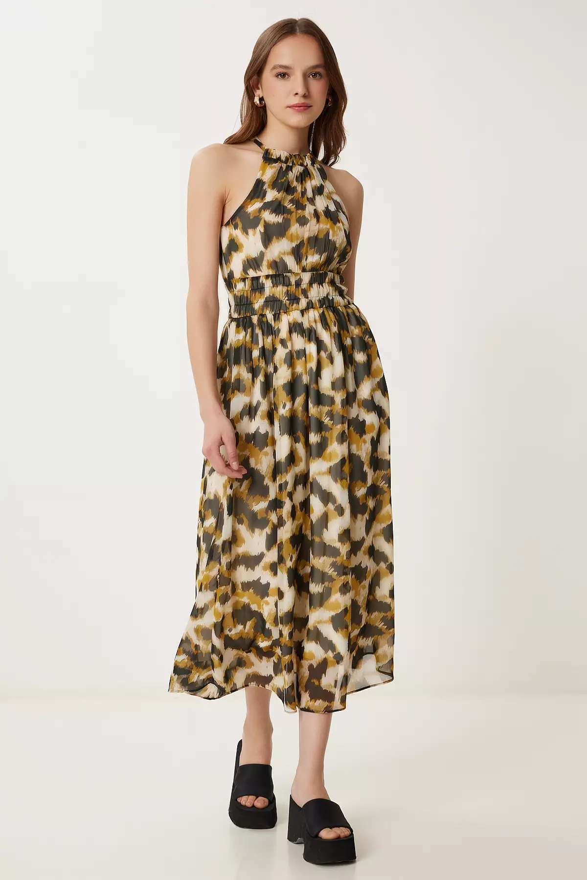 Women's Black Mustard Patterned Flounced Midi Chiffon Dress Fg00029