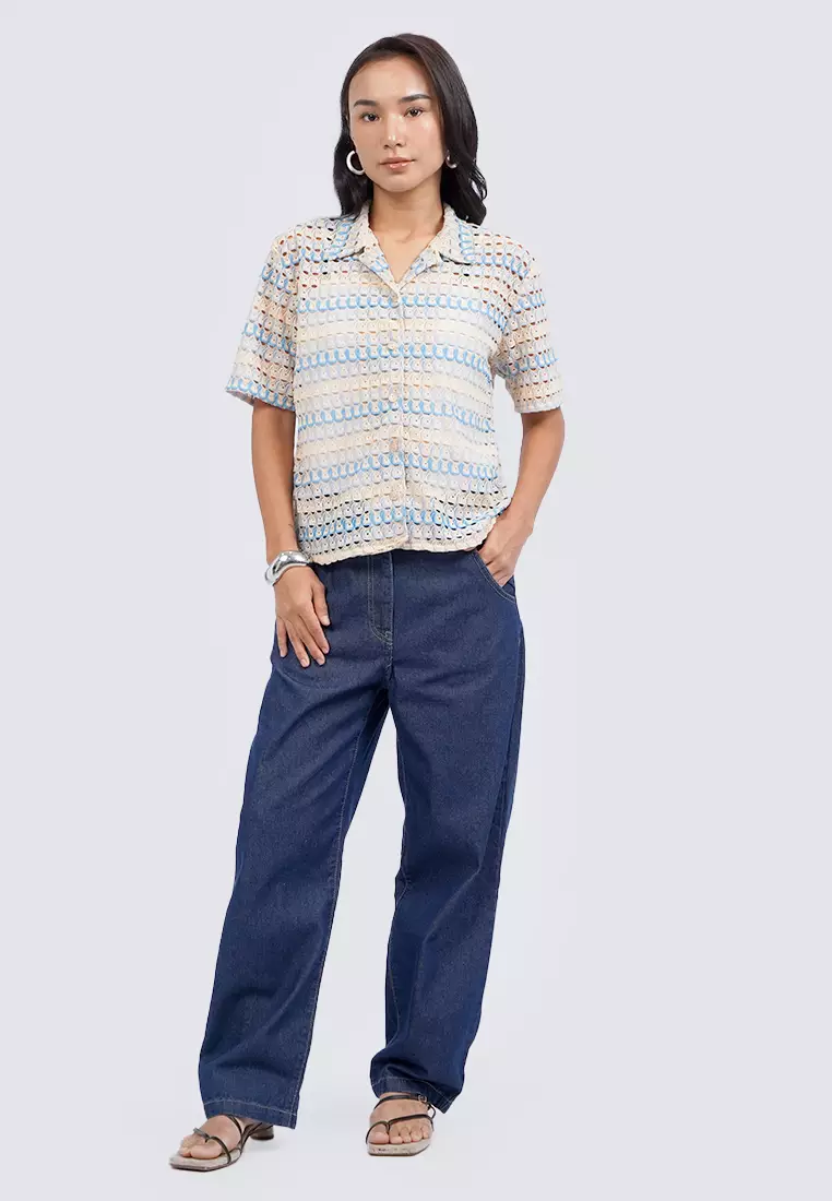 Short Sleeve Knit Blouse BLUE