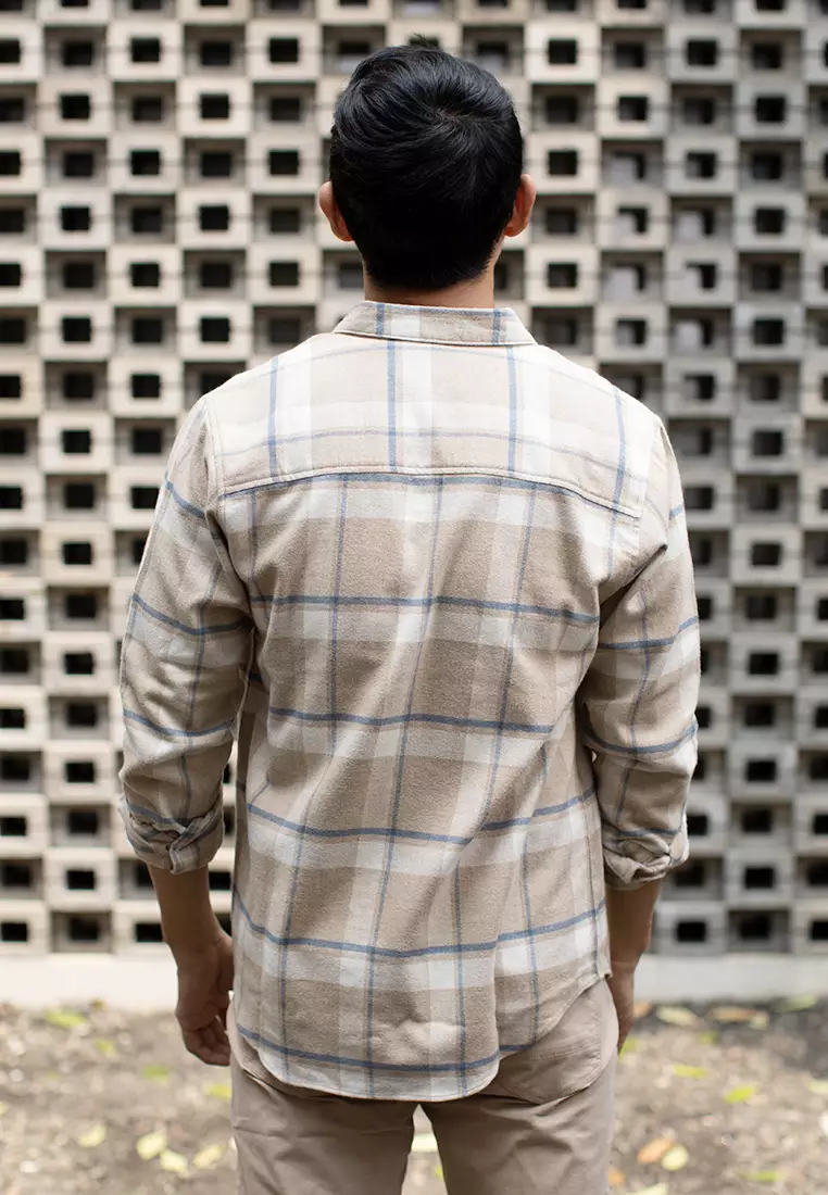 Kemeja Flannel tangan panjang cotton oxcon Cream blue teal