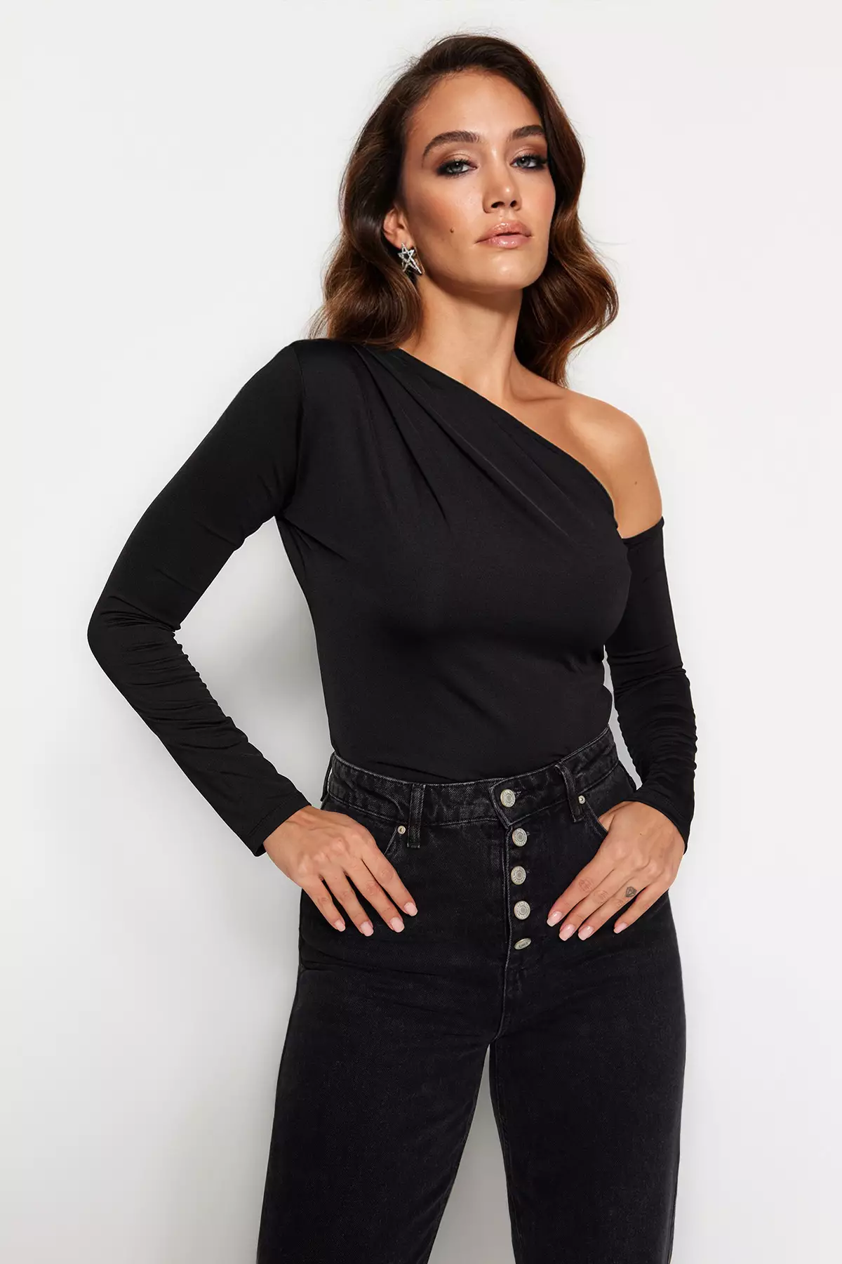 Asymmetrical Collar Knitted Bodysuit