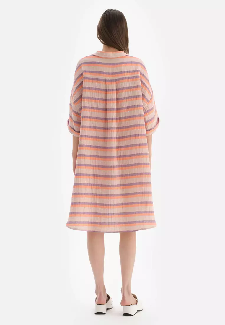Orange Shirt Dress, Striped, Long Sleeve Beachwear for Women