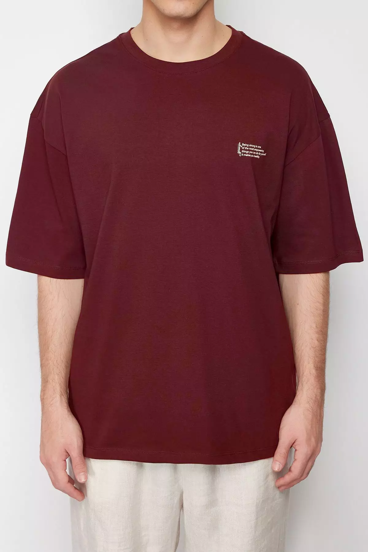Claret Red Oversize 100% Cotton Crew Neck Minimal Text Printed T-shirt TMNSS23TS00084
