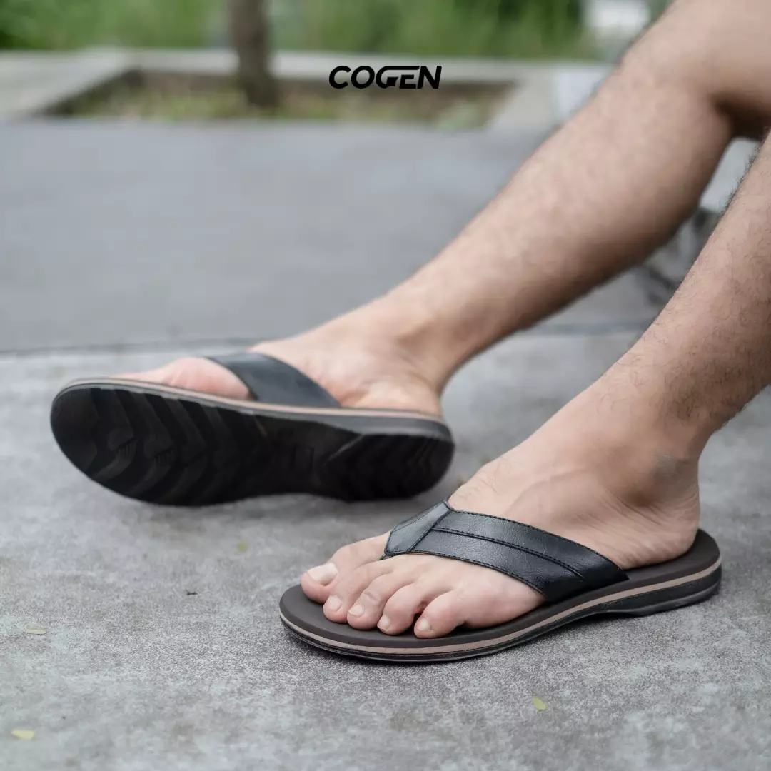 Sendal Jepit Kulit Pria Cogen Sandal Cowok Flip Flop Marino Leather - Black