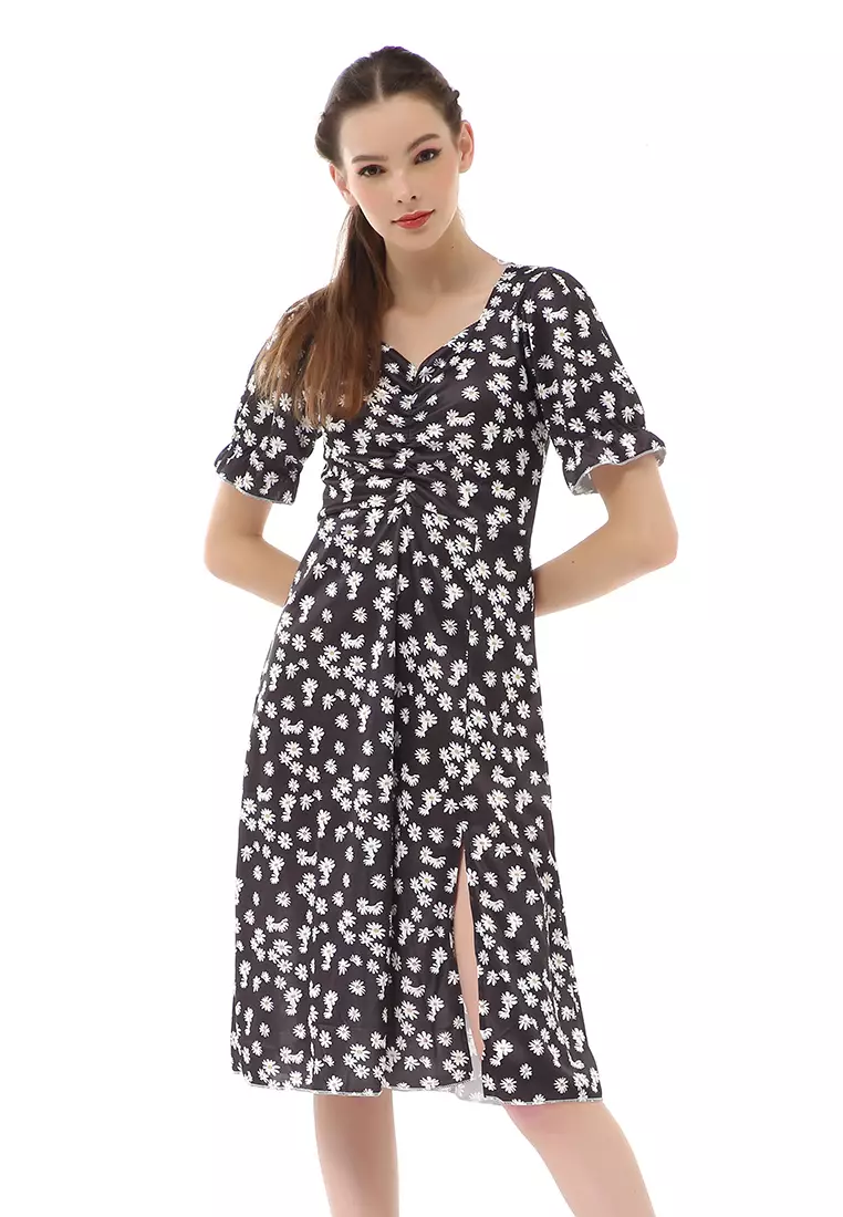 Rachel Dress Wanita Desain Belah Pinggir Short Sleeve Motif Bunga Material Cotton ORIGINAL - Black