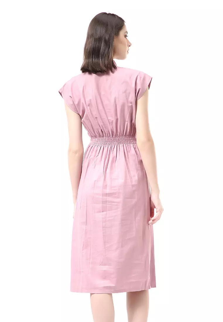 Rachel Rok Wanita Lengan Pendek Button Front Midi Dress Material Sateen ORIGINAL - Mauve