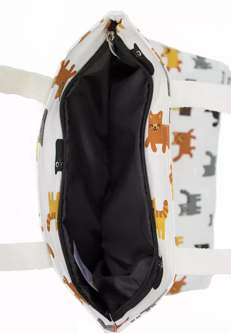 Tote Bag Wanita Tas Wanita Bahan Kanvas Penutup Resleting Motif Kucing