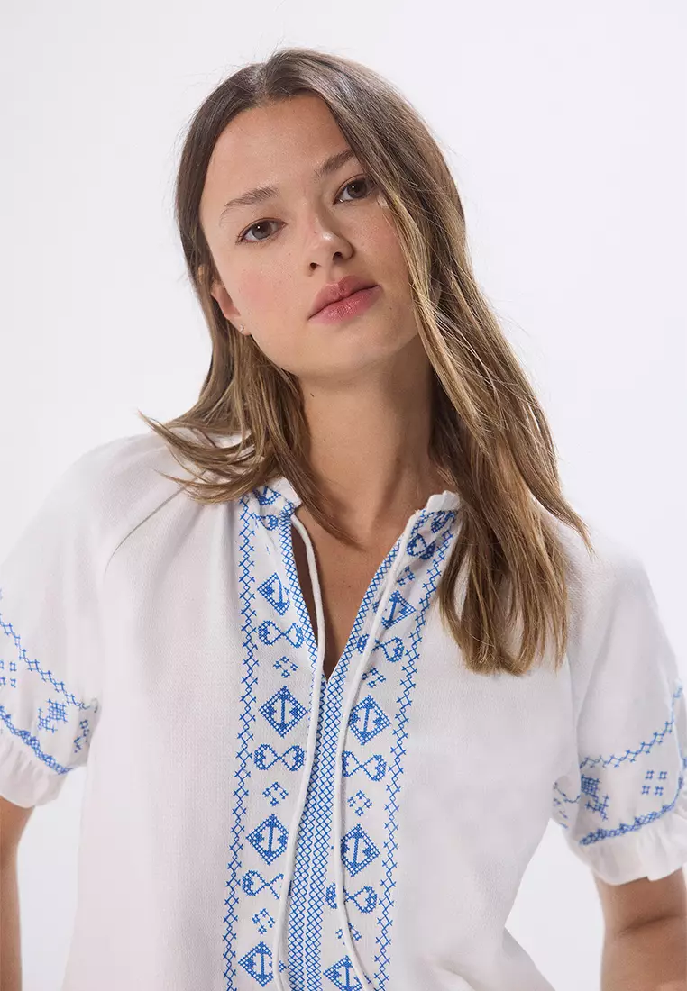 Blouse with Blue Ethnic Embroidery