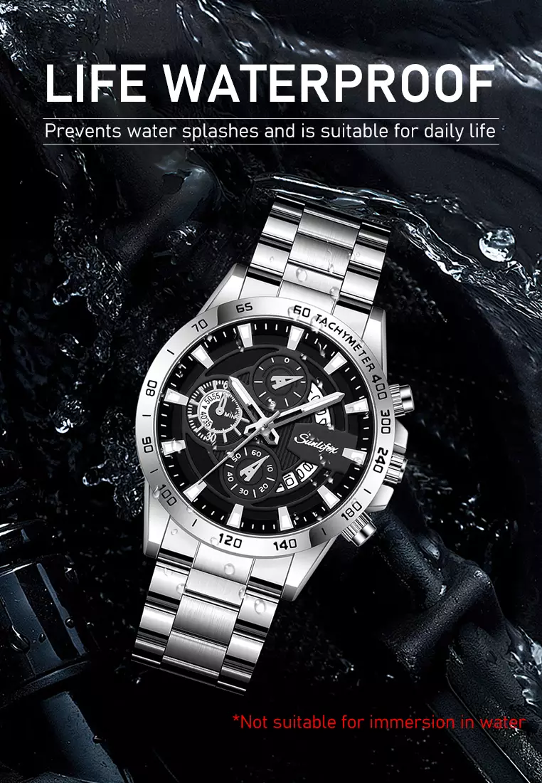 Jam Tangan Pria SL3321 Quartz Kalender Bercahaya Olahraga Tali Stainless Steel Jam Tangan Cowok silverblack