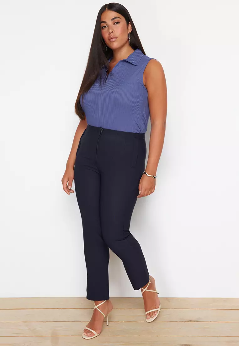 Cigarette Fleto Pocket Plus Size Fabric Trousers