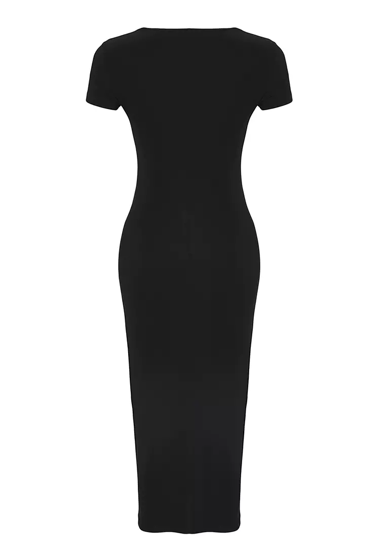 Black Square Neck Bodycone/Fits Body Stretchy Midi Knit Dress TWOSS25EL00691