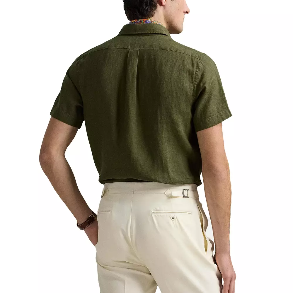 Custom Fit Linen Short Sleeve Shirt Dark Green