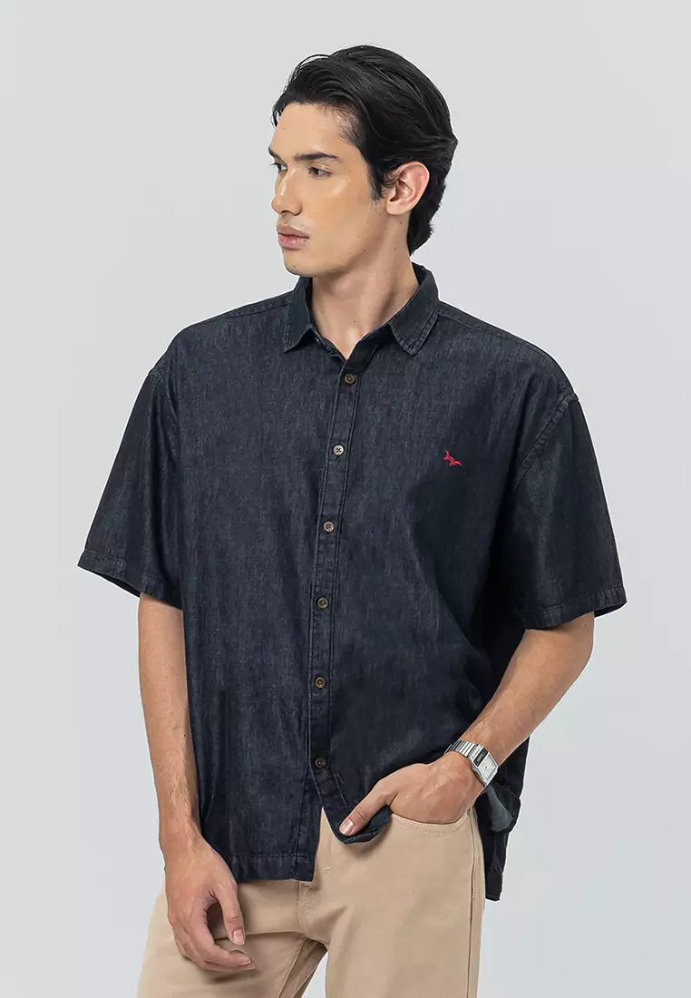 JOYRIDE - Black Kemeja Denim Casual Pria Lengan Pendek SS - Top Man Shirt
