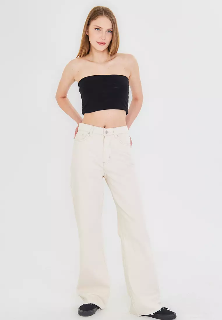 Ecru Cut-Off High Waist Straight Jeans TWOAW25JE00378