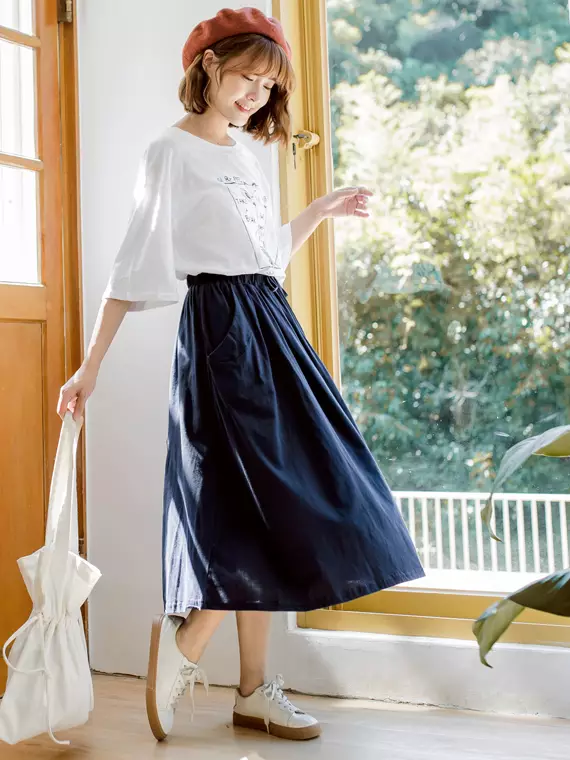 OBSTYLE Pure cotton drawstring tie pocket casual long skirt CA299
