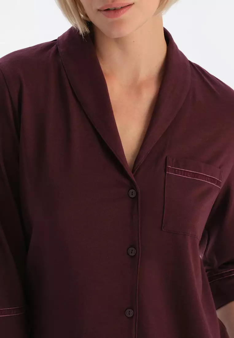 Bordeaux Shirt & Trousers, Shirt Collar, Regular Fit, Long Sleeve Sleepwear for Women